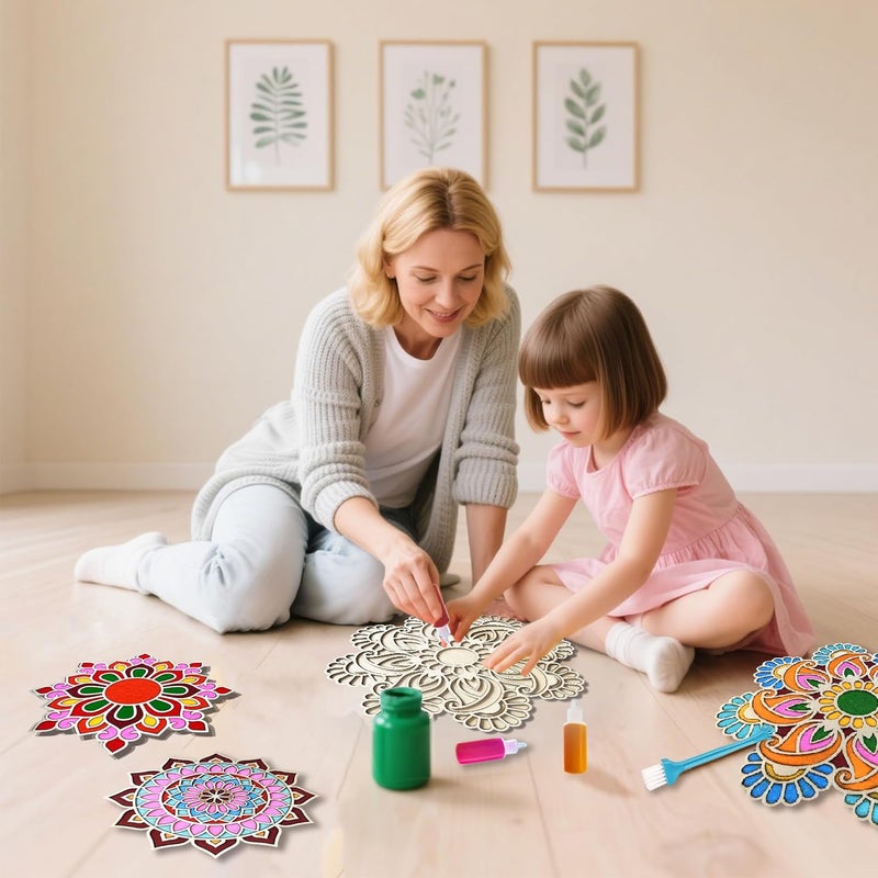 MLOLM Wooden Rangoli Sand Art Kit - 6-Piece Reusable DIY Mandala Puzzle Mats with Rangoli Color& Brush for Diwali, Home Festival and Party Decoration (3 Sizes) - Image 4